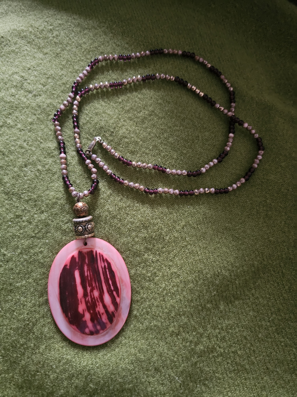 Pink Beaded Necklace with Striped Pink Pendant, mother-of-pearl medallion